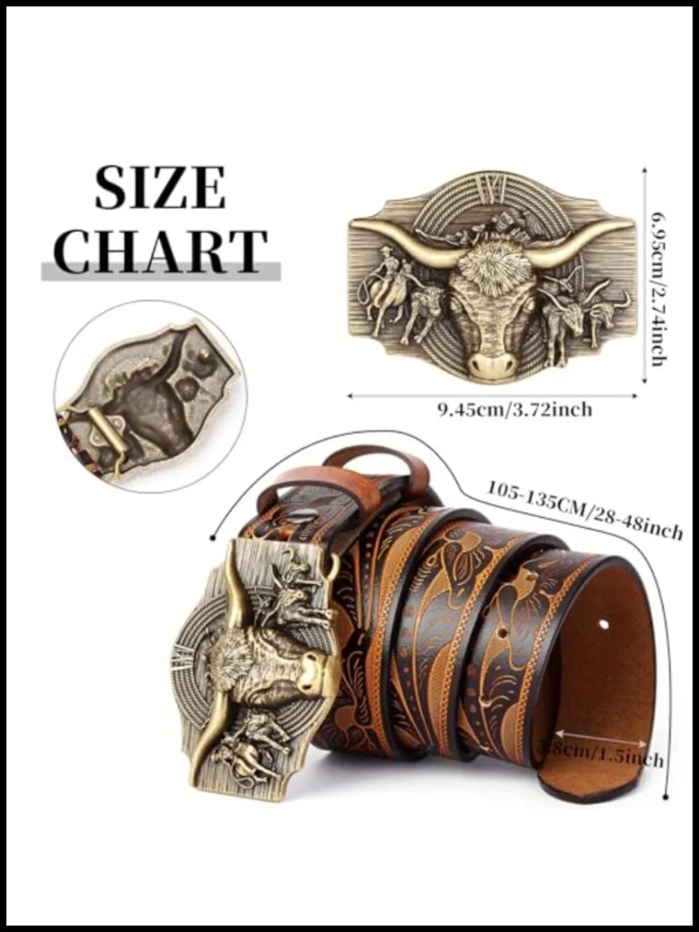 Genuine Cowhide Leather Western Belt Removable Snap Buckle Men's